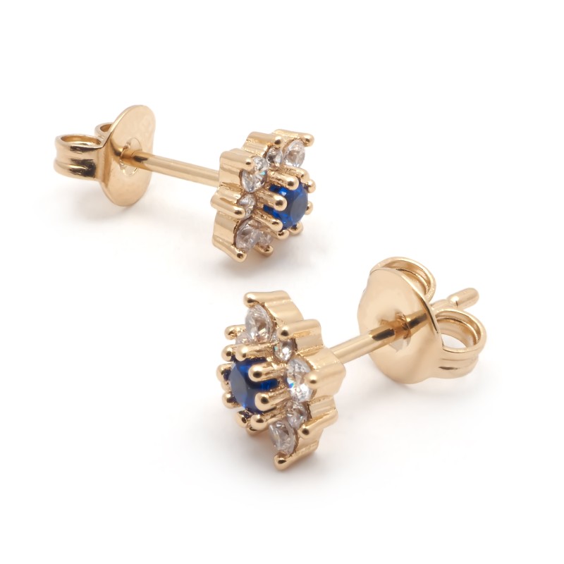 Boucles d'oreilles puces fantaisie femme carador en plaqué or avec oxydes de zirconium blanc et bleu