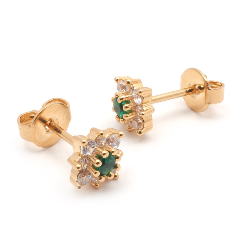 Boucles d'oreilles puces fantaisie femme carador en plaqué or avec oxydes de zirconium blanc et vert
