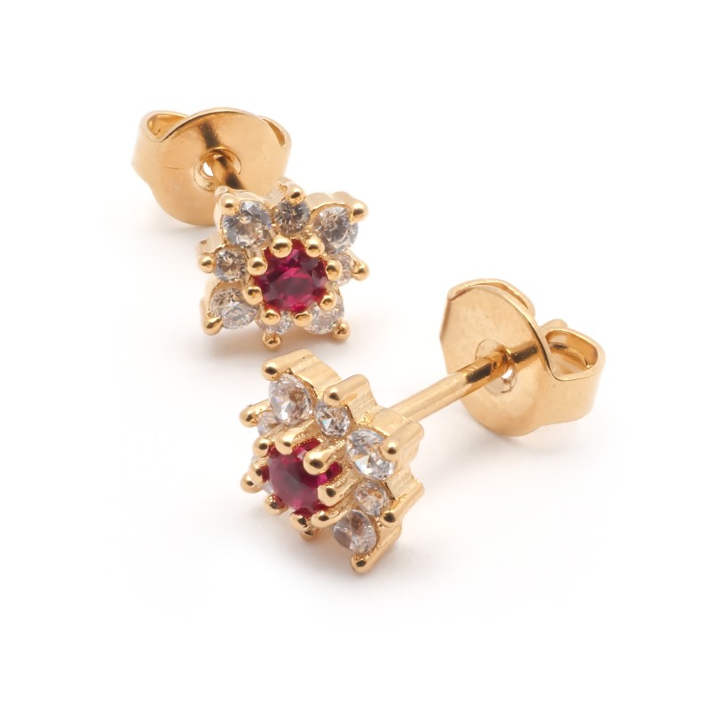 Boucles d'oreilles puces fantaisie femme carador en plaqué or avec oxydes de zirconium blanc et rouge