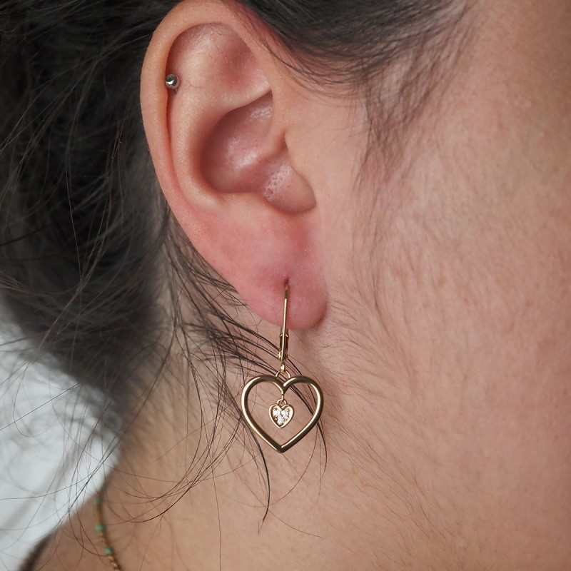 Boucles d'oreilles dormeuses femme carador en plaqué or avec oxydes de zirconium motif cœur