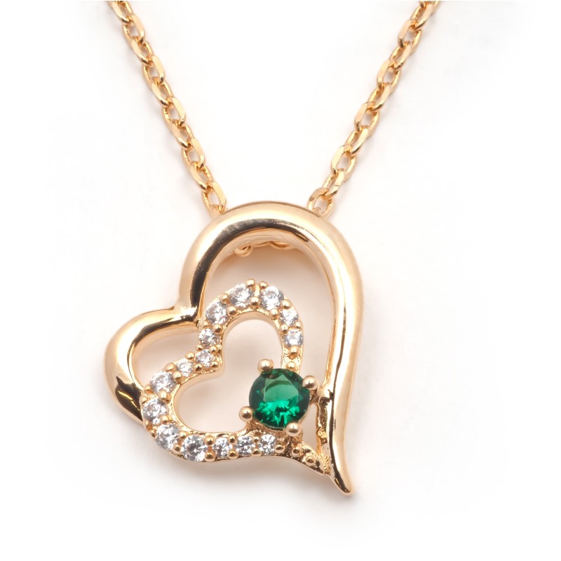 Collier motif cœur femme carador en plaqué or avec spinelles vert et blanc