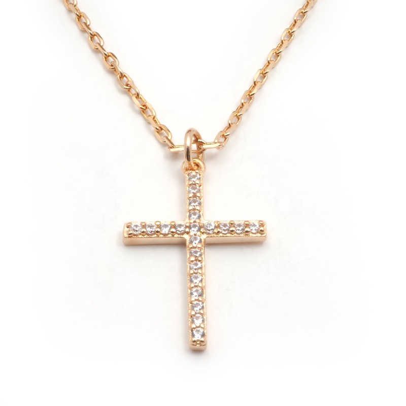 Collier Carador Femme en Plaqué Or et Oxydes de zirconium Motif croix Maille forçat