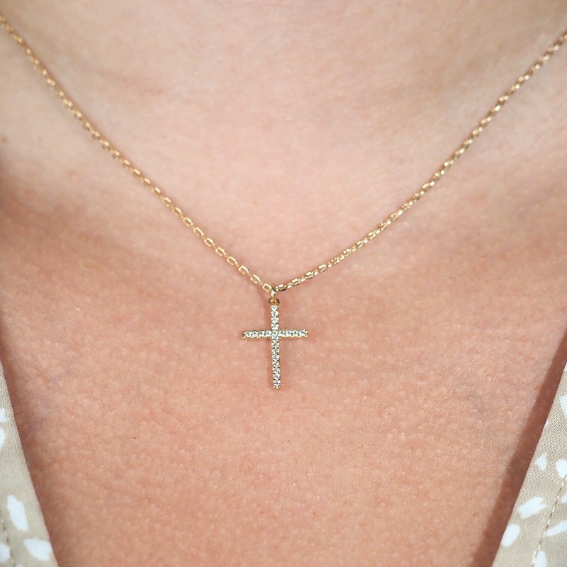 Collier Carador Femme en Plaqué Or et Oxydes de zirconium Motif croix Maille forçat