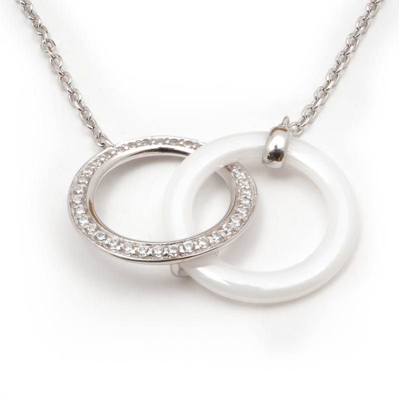 Collier femme carador en argent doubles anneaux avec oxydes de zirconium et céramique blanche