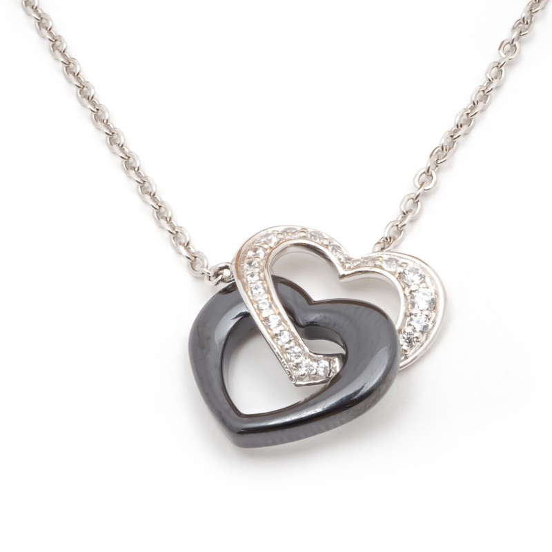 Collier femme carador en argent doubles cœurs avec oxydes de zirconium et céramique noire