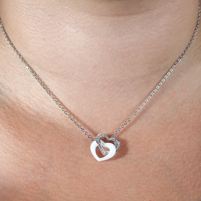 Collier femme carador en argent doubles cœurs avec oxydes de zirconium et céramique blanche