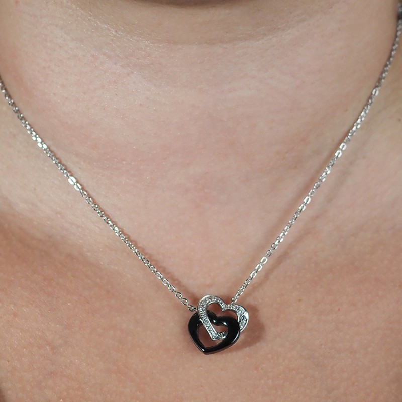 Collier femme carador en argent doubles cœurs avec oxydes de zirconium et céramique noire