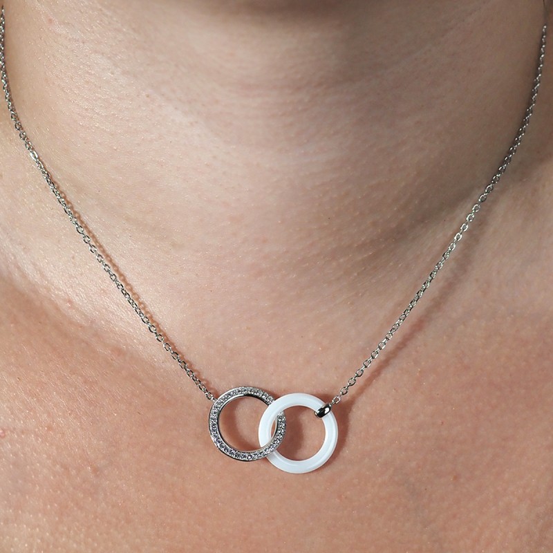 Collier femme carador en argent doubles anneaux avec oxydes de zirconium et céramique blanche