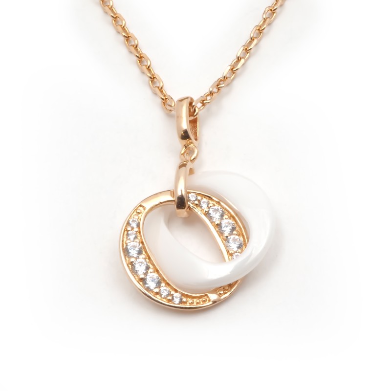 Collier fantaisie doubles anneaux entremêlés femme carador en plaqué or avec oxydes de zirconium et céramique blanche