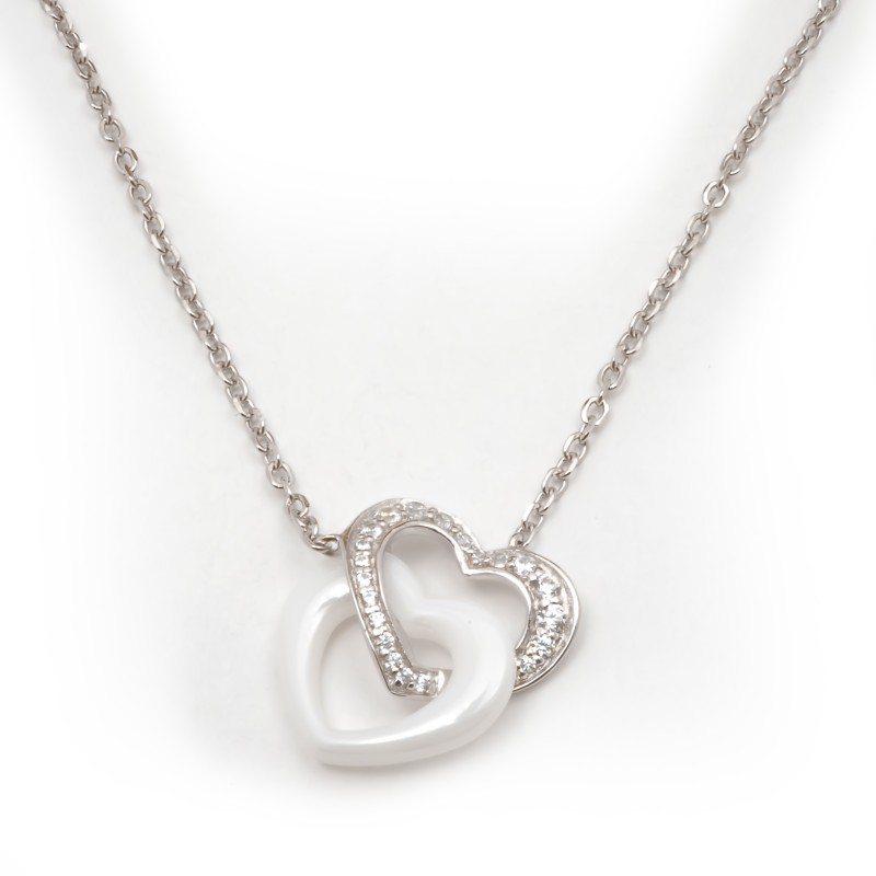 Collier femme carador en argent doubles cœurs avec oxydes de zirconium et céramique blanche