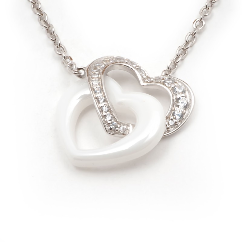 Collier femme carador en argent doubles cœurs avec oxydes de zirconium et céramique blanche