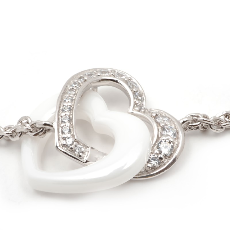 Bracelet femme Carador en  argent double cœur avec oxydes de zirconium et céramique blanche