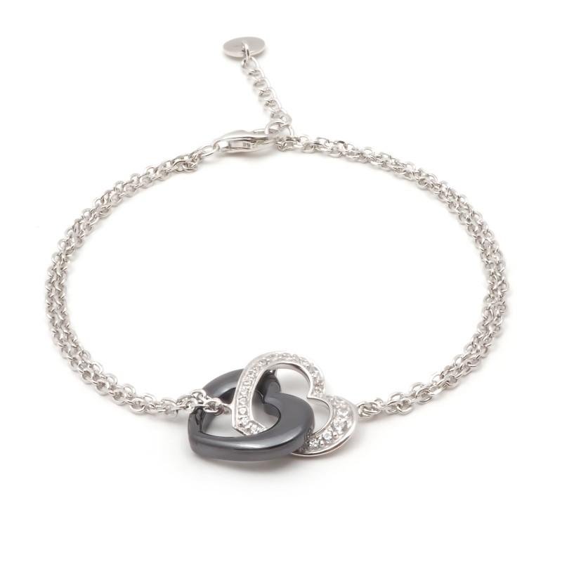 Bracelet femme Carador en argent double cœur avec oxydes de zirconium et céramique noire