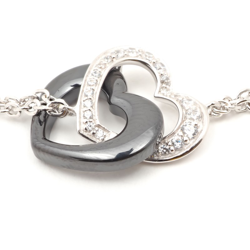 Bracelet femme Carador en argent double cœur avec oxydes de zirconium et céramique noire