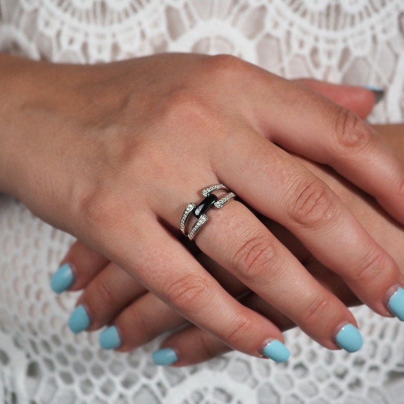 Bague femme  Carador en Argent avec oxydes de zirconium et barrette en céramique noire