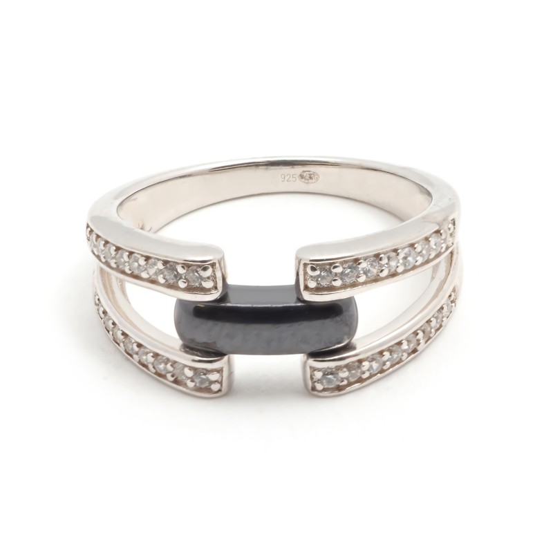 Bague femme  Carador en Argent avec oxydes de zirconium et barrette en céramique noire