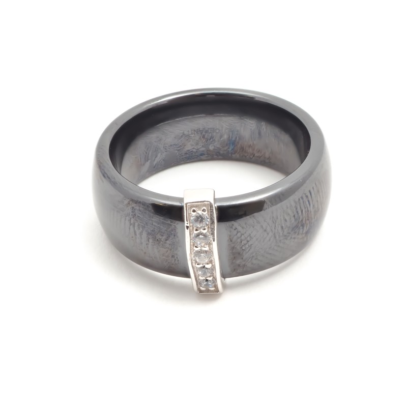 Bague Femme carador en céramique noire avec barrette en argent sertie d'oxydes de zirconium