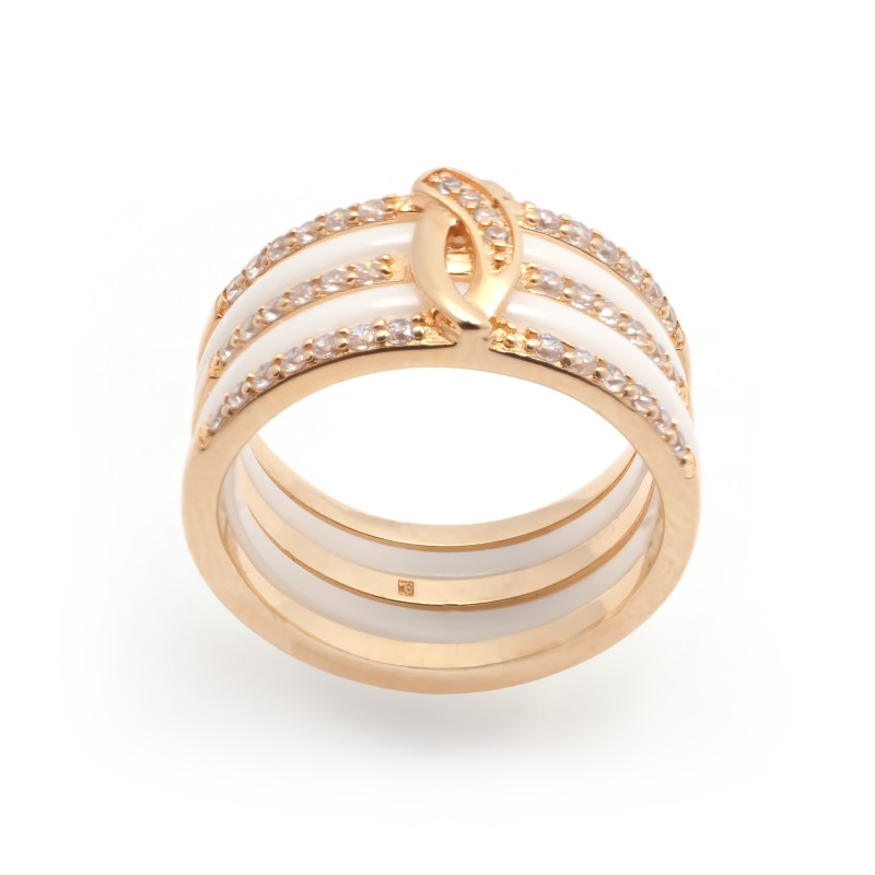 Bague fantaisie femme carador en plaqué or et céramique blanche avec des oxydes de zirconium