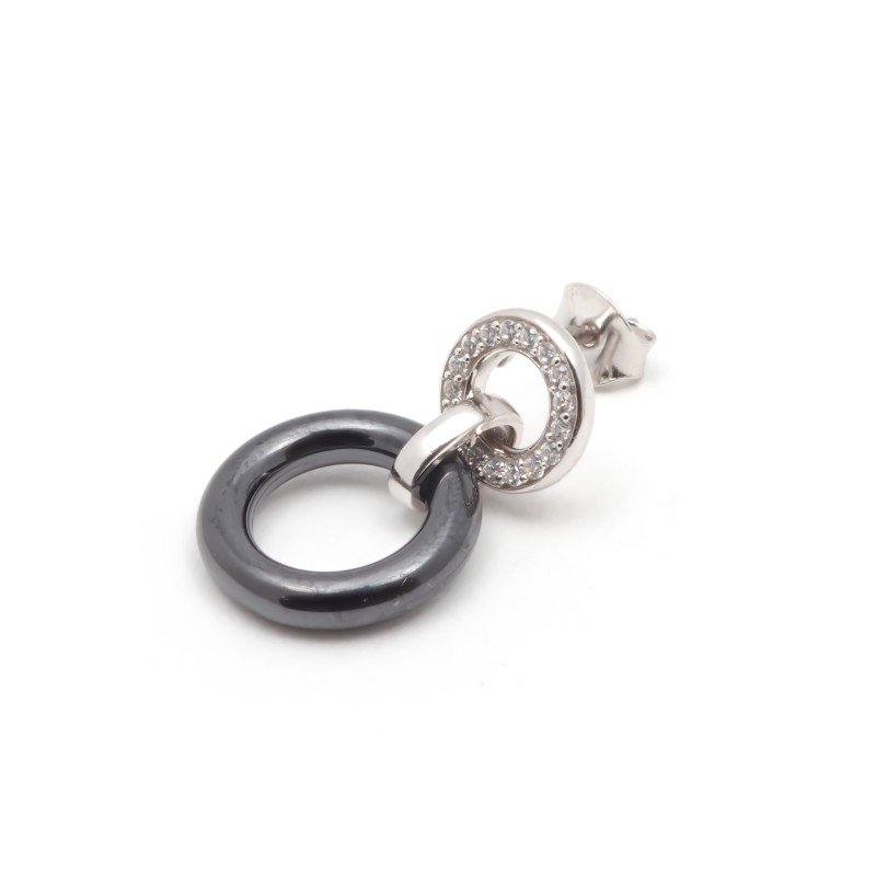 Boucles d'oreilles femme Carador doubles anneaux pendantes en argent et céramique noire avec oxydes de zirconium