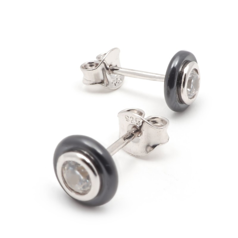 Boucles d'oreilles clous femme carador en argent et céramique noire et oxyde de zirconium