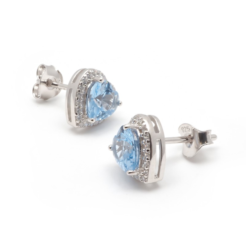 Boucles d'oreilles Clous Carador en argent  et oxydes de zirconium blanc et bleu motif coeur