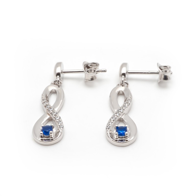 Boucles d'oreilles pendantes Carador en argent  et  oxydes de zirconium et spinelle bleue motif infini
