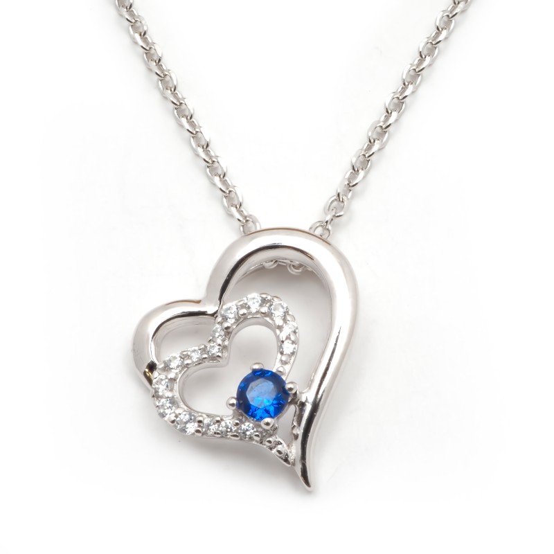 Collier fantaisie femme carador en argent et oxydes blanc et  bleus motif cœurs