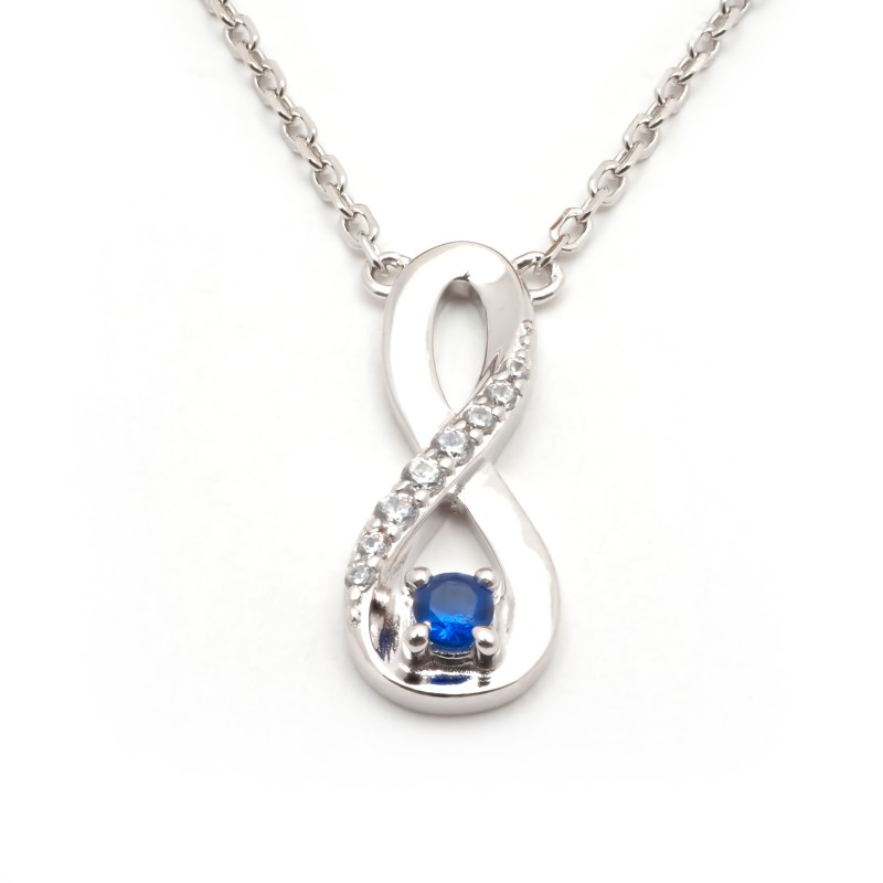 Collier fantaisie femme carador en argent avec oxydes  blancs et bleu motif infini