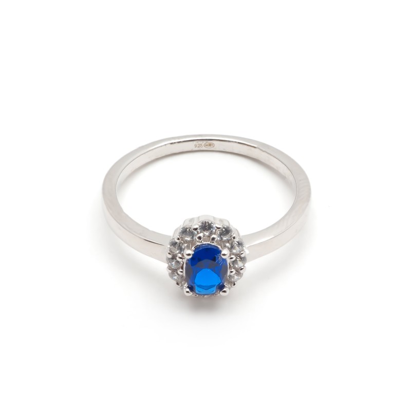 Bague Femme Carador Argent avec Spinelle bleu entouré d'Oxydes serti 4 griffes