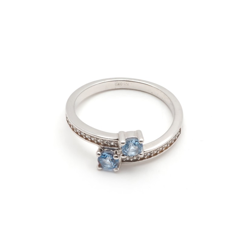 Bague fantaisie femme carador en argent avec 2 spinelles bleues serties 4 griffes et oxydes de zirconium