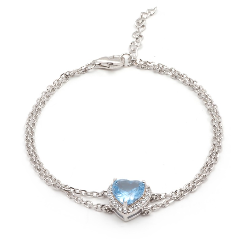 Bracelet doubles chaînes femme carador en argent motif cœur avec oxyde de zirconium bleu