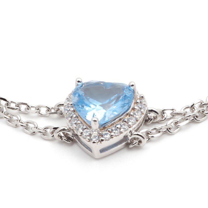 Bracelet doubles chaînes femme carador en argent motif cœur avec oxyde de zirconium bleu