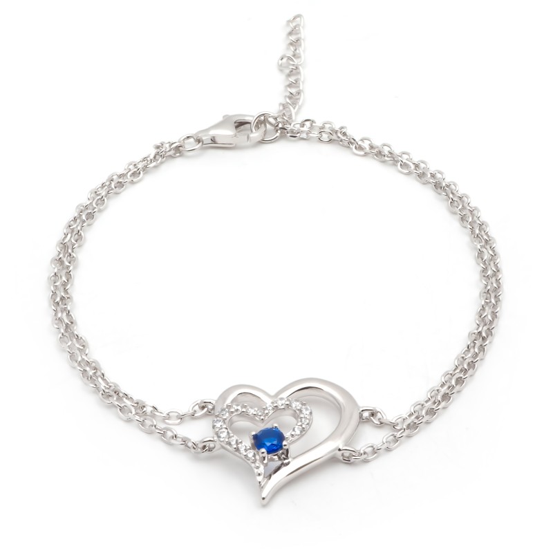 Bracelet femme fantaisie Carador double chaînes en argent  et spinelles bleu  et blanc motif coeurs entrelacés