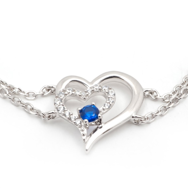 Bracelet femme fantaisie Carador double chaînes en argent  et spinelles bleu  et blanc motif coeurs entrelacés