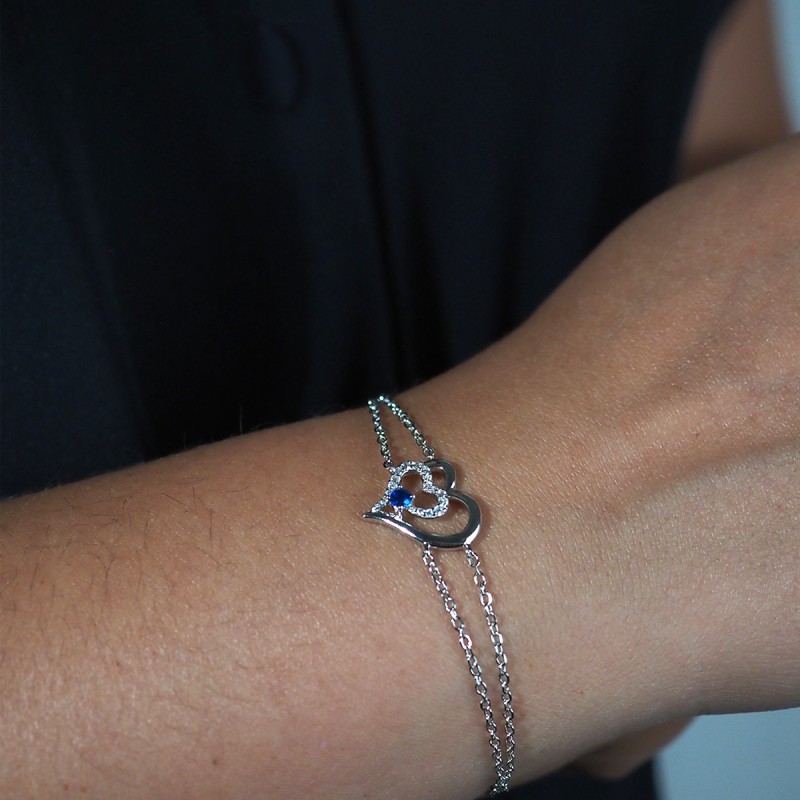 Bracelet femme fantaisie Carador double chaînes en argent  et spinelles bleu  et blanc motif coeurs entrelacés