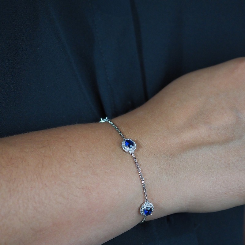 Bracelet femme fantaisie Carador en argent et 3 spinelles bleues entourées d'oxydes