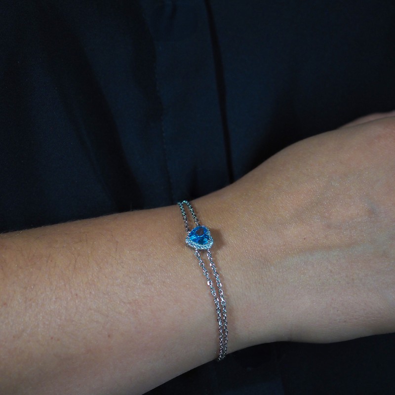 Bracelet doubles chaînes femme carador en argent motif cœur avec oxyde de zirconium bleu