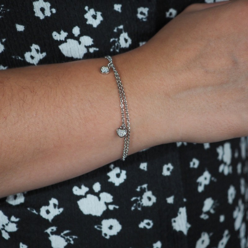 Bracelet femme fantaisie Carador double chaînes en argent avec  2 pampilles en  oxydes de zirconium