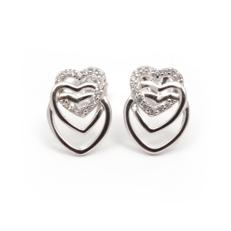 Boucles d'oreilles Clous Carador en argent  et oxydes de zirconium motif 3 coeurs entrelacés