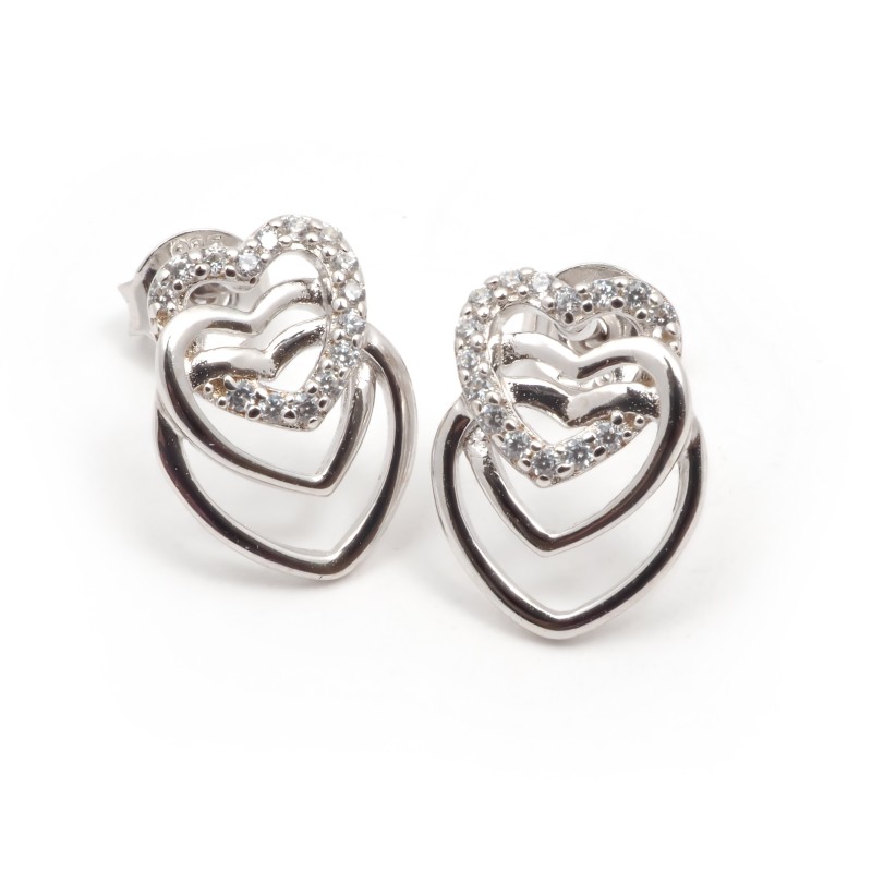 Boucles d'oreilles Clous Carador en argent  et oxydes de zirconium motif 3 coeurs entrelacés