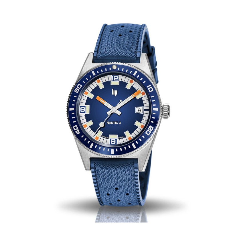 Montre Homme LIP Nautic 3 automatique cadran et lunette bleus avec détails oranges