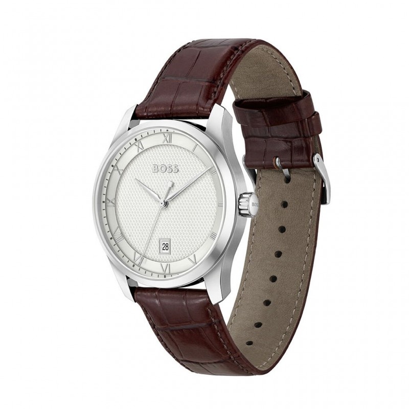Montre boss Principle homme acier argenté cuir marron