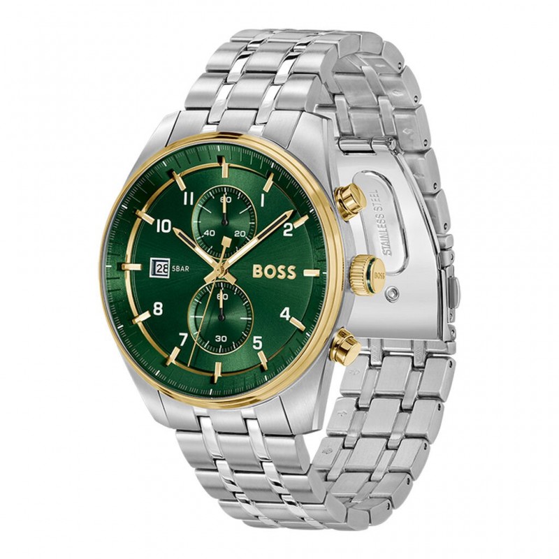 Montre Hugo Boss Skytraveller en acier argenté et lunette dorée
