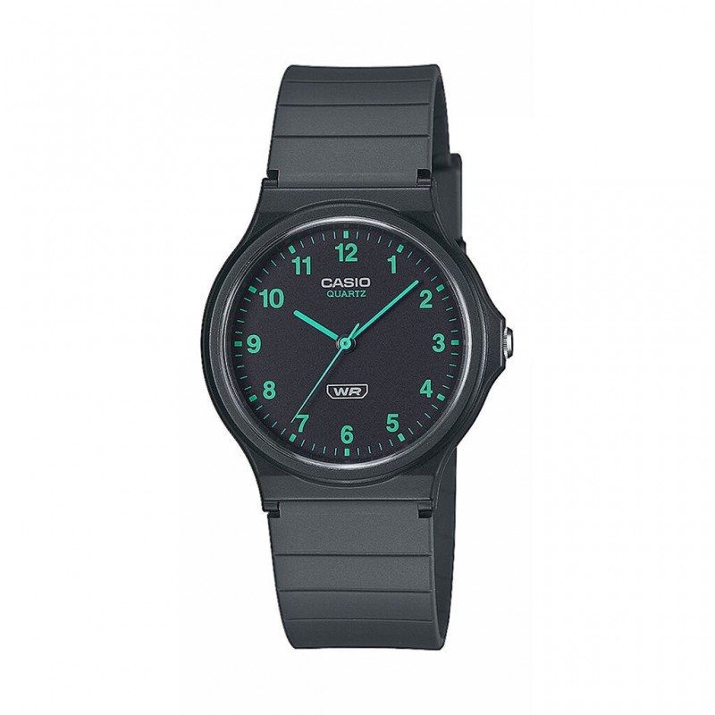 Montre Casio ronde Timeless en résine noire et détails verts