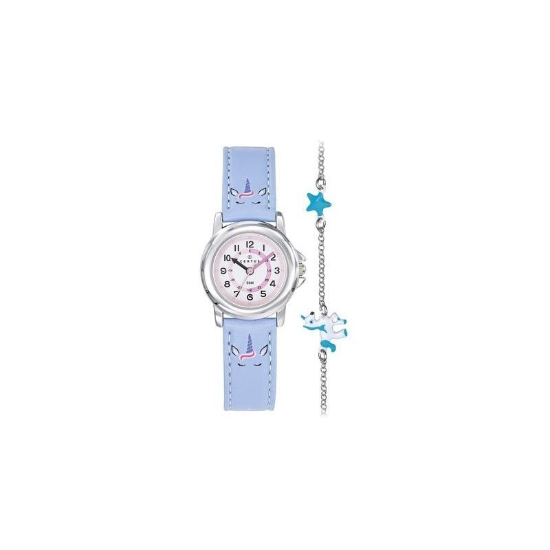 Coffret Montre Certus Junior fille cuir violet licorne accompagnée d'un bracelet
