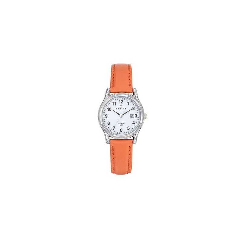 Montre Certus Femme bracelet cuir orange cadran blanc