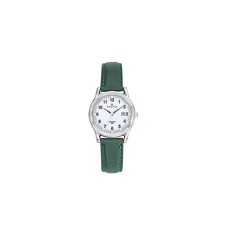 Montre Certus Femme bracelet cuir vert cadran blanc