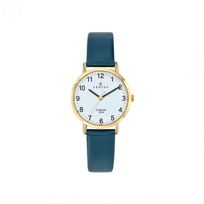 Montre Certus Femme Acier doré et bracelet en cuir bleu