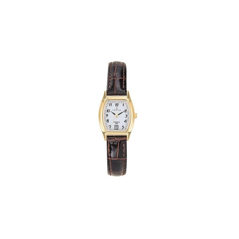 Montre Femme Certus en cuir marron et boitier tonneau doré