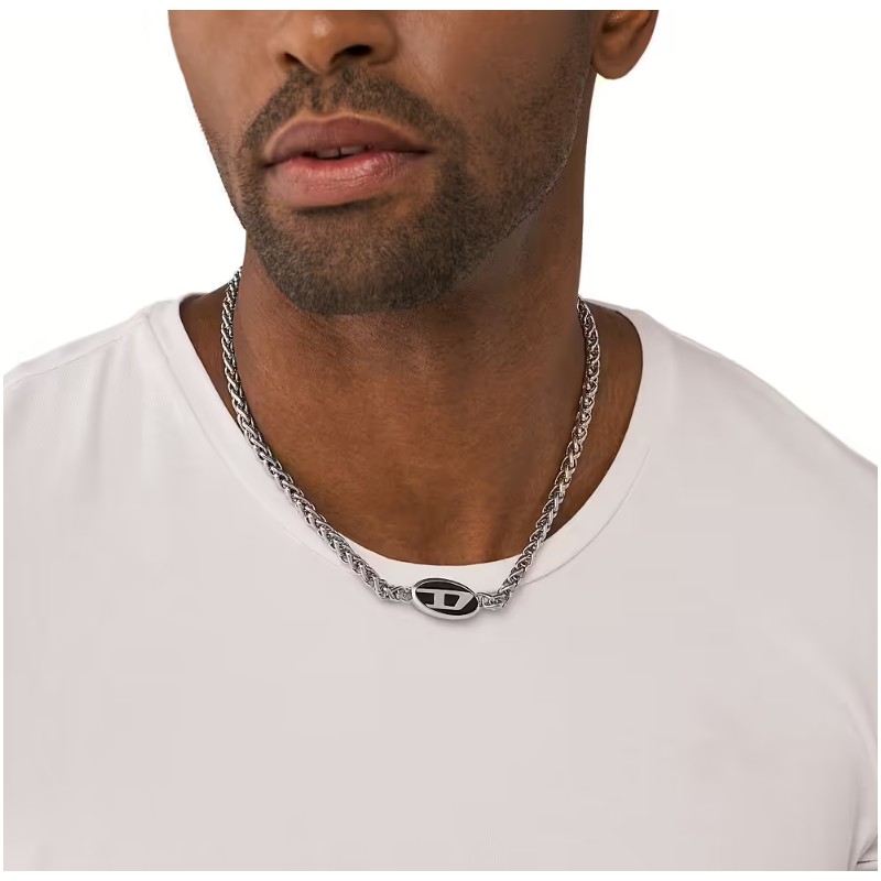 Collier Mixte Diesel en acier argenté et émail noir motif "D"